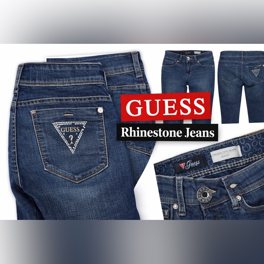 Guess Medium Rise Skinny Jeans Dark Wash Rhinestone Triangle Logo